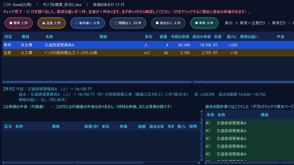 積算チェックの画面