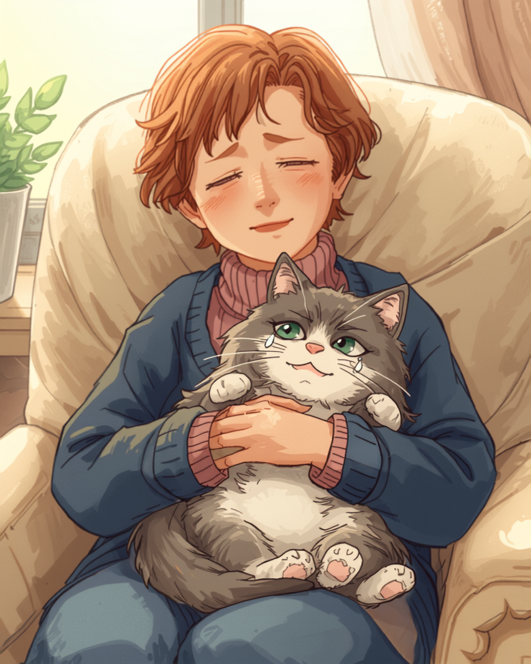 母の膝の上で涙を浮かべるクゥーちゃんのイラスト