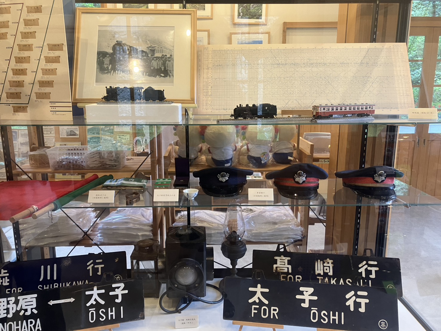 制帽やカンテラ、鉄道模型などを展示する資料室